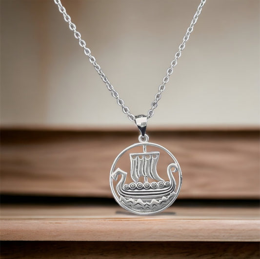 925 Sterling Silver Norse Viking Longship Long Ship Longboat Pendant + Free Chain Necklace