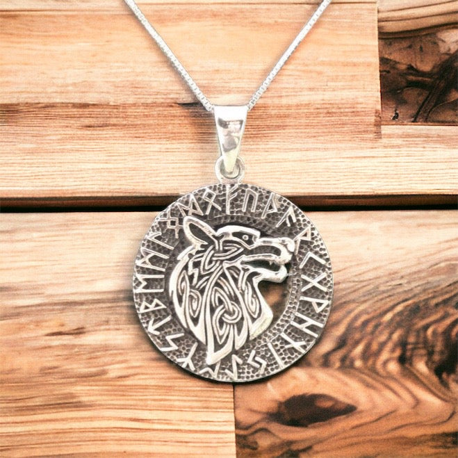 Handcast 925 Sterling Silver Celtic Wolf Pendant accented with Runic Alphabet+ Free Chain Necklace