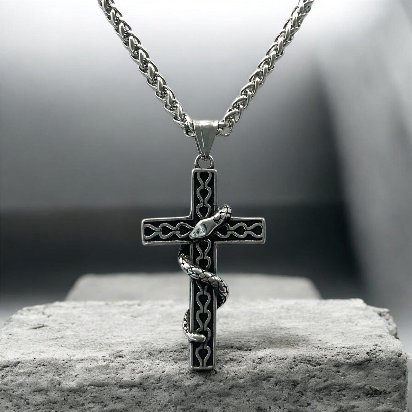 Large 316L Surgical Stainless Steel Snake Cross Pendant + Free Chain Necklace