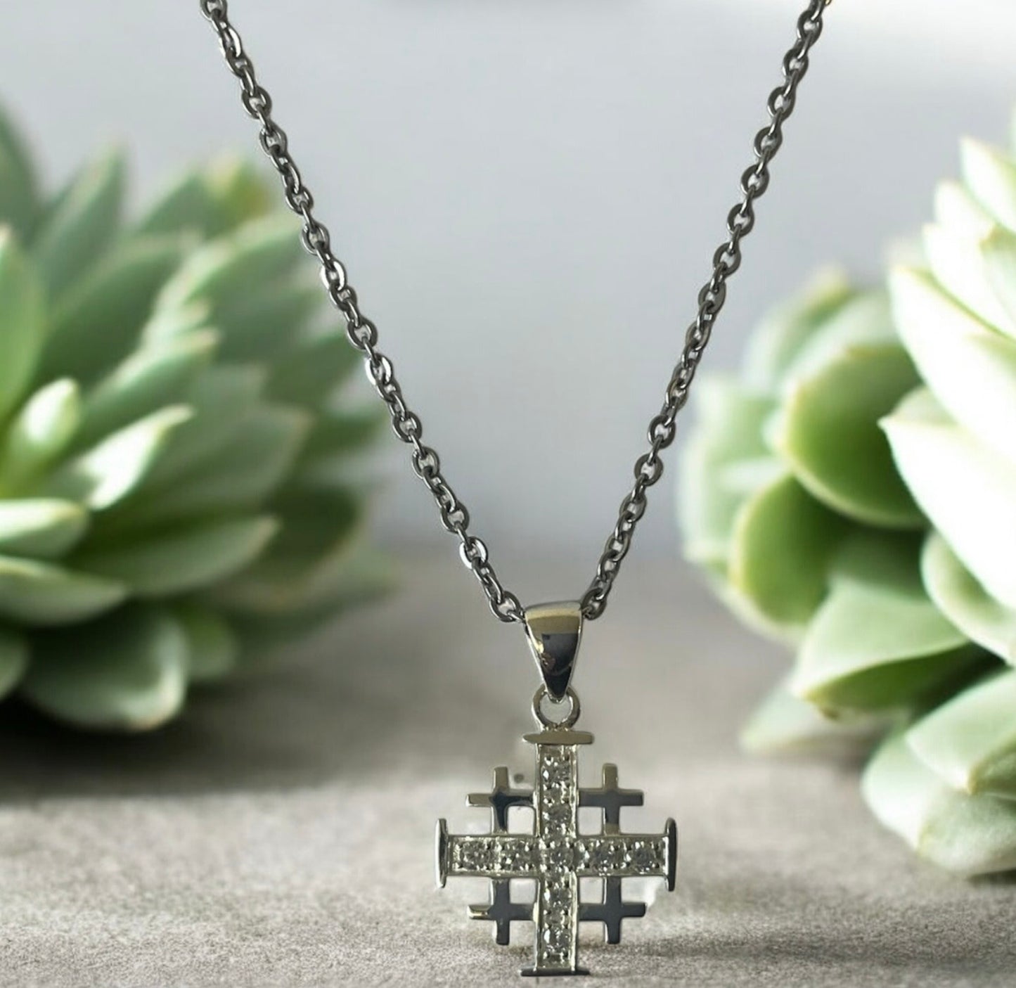925 Sterling Silver Jerusalem / Crusader Cross w/ Clear CZ Pendant Necklace + Free Chain