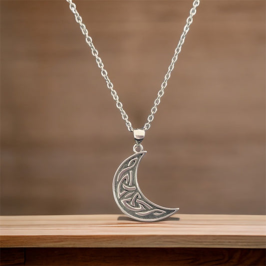 Handcast 925 Sterling Silver Irish Celtic Crescent Moon Pendant + Free Chain Necklace