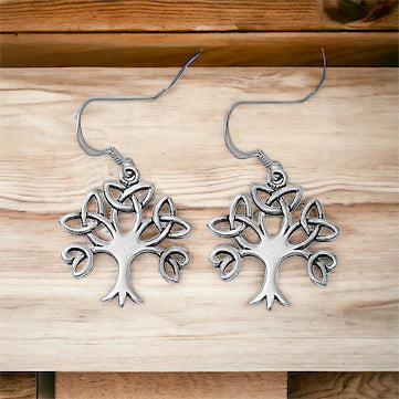 925 Sterling Silver Celtic Tree of Life Trinity Knot Dangle Earrings