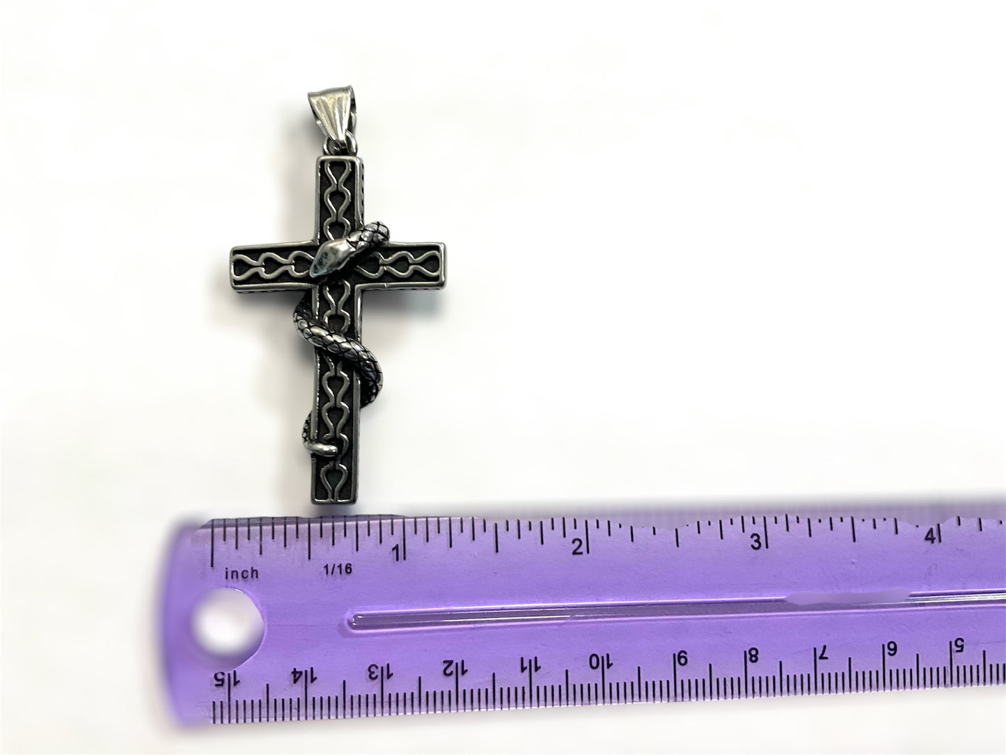 Large 316L Surgical Stainless Steel Snake Cross Pendant + Free Chain Necklace