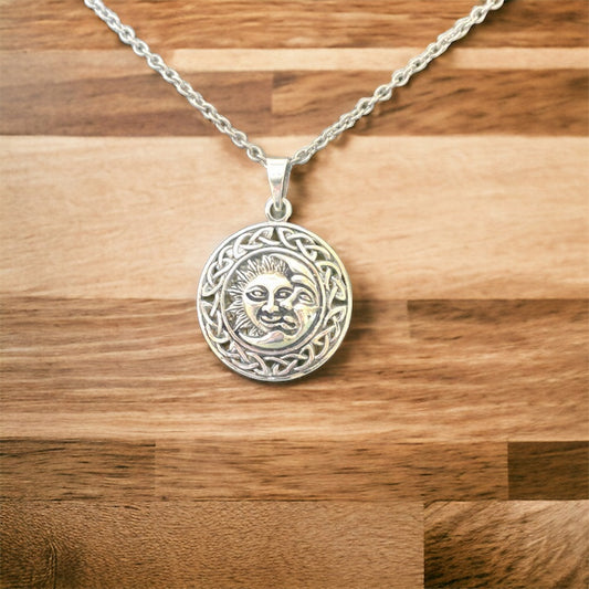 Handcast 925 Sterling Silver Sun Moon Pendant with Celtic Knot Designs + Free Chain Necklace