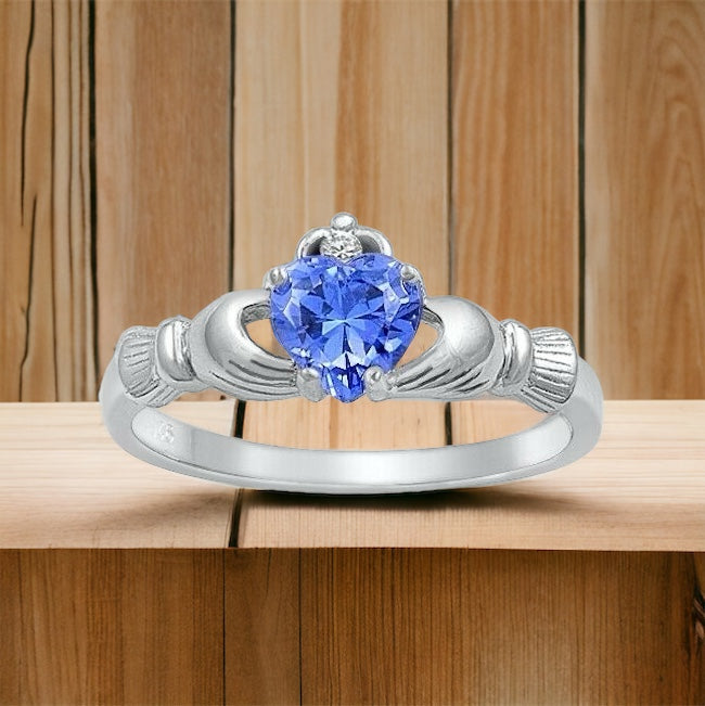 Sterling Silver Irish Claddagh Ring w/ Blue Tanzanite CZ Size 4-12