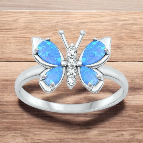 925 Sterling Silver Butterfly Opal Ring Size 4-10