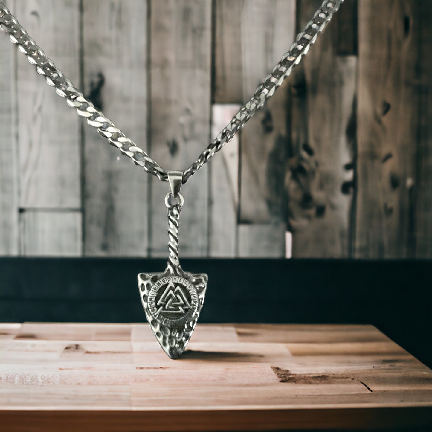 925 Sterling Silver Norse Viking Spearhead Arrowhead Valknut Pendant + Free Chain Necklace