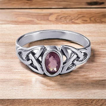 Silver Celtic Triquetra / Trinity Knot Ring Amethyst CZ