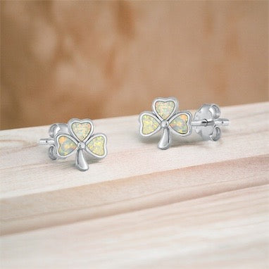 Sterling Silver Irish Lucky Shamrock White Opal Stud Post Earrings