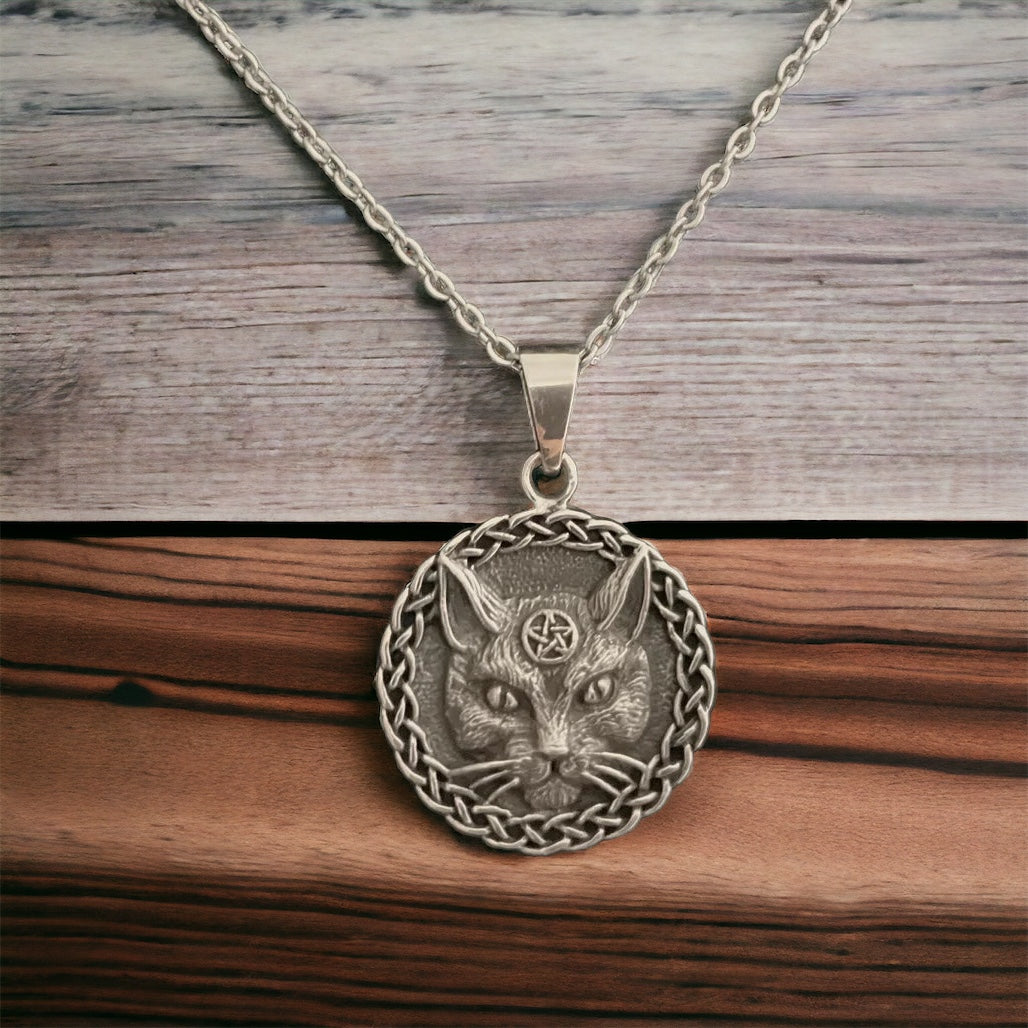 925 Sterling Silver Celtic Cat Pendant accented with Celtic Knotwork + Free Chain