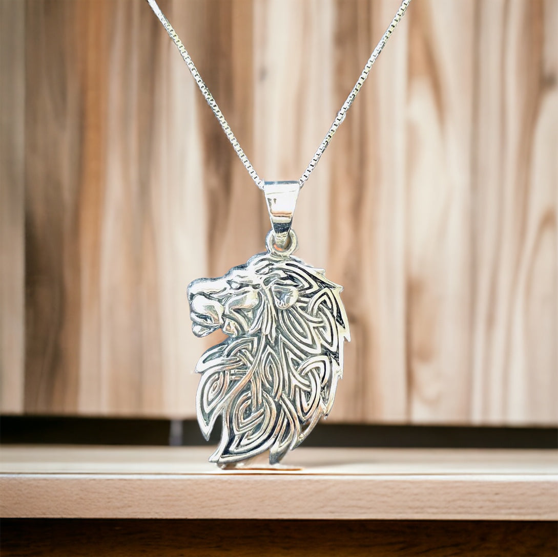 Handcast 925 Sterling Silver Celtic Lion Head Pendant + Free Chain Necklace