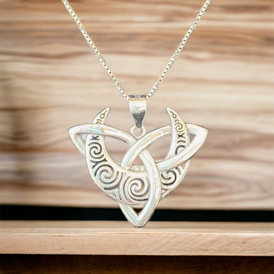 Handcast 925 Sterling Silver Irish Celtic Triquetra Trinity Knot Crescent Moon Pendant + Free Chain Necklace