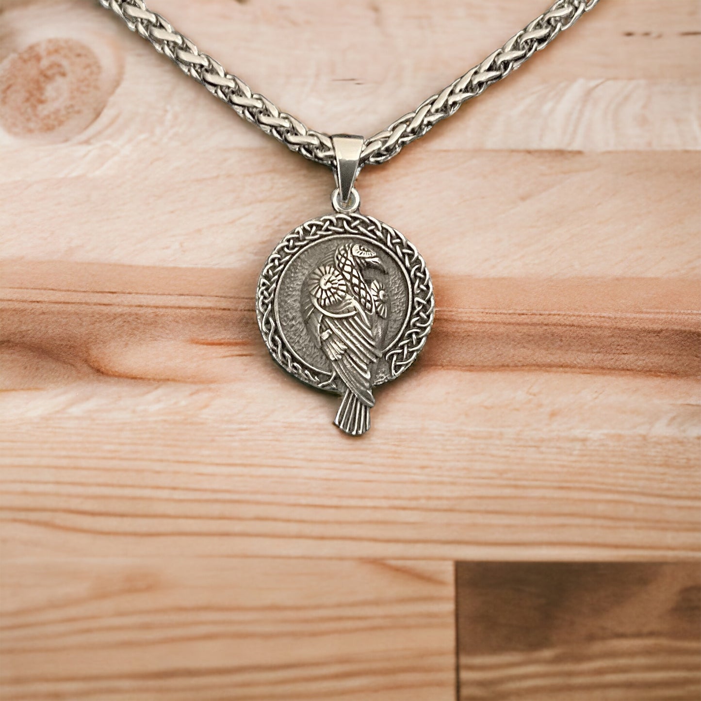 Handcast 925 Sterling Silver Raven Pendant accented with Celtic Knotwork + Free Chain