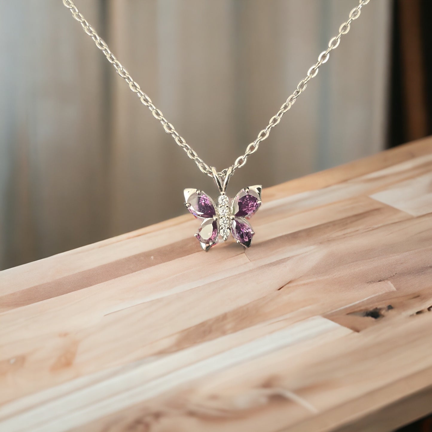 925 Sterling Silver Butterfly Pendant Necklace w/ Purple Amethyst CZ + Free Chain