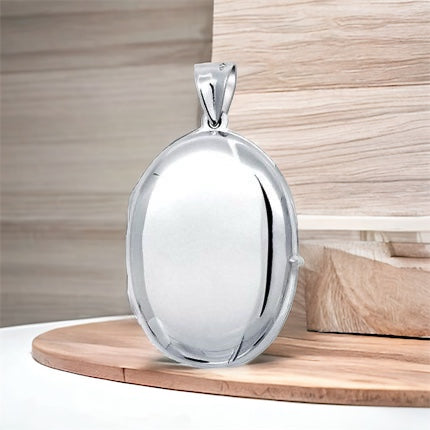 Large Sterling Silver Oval Photo Locket Pendant + Free Chain