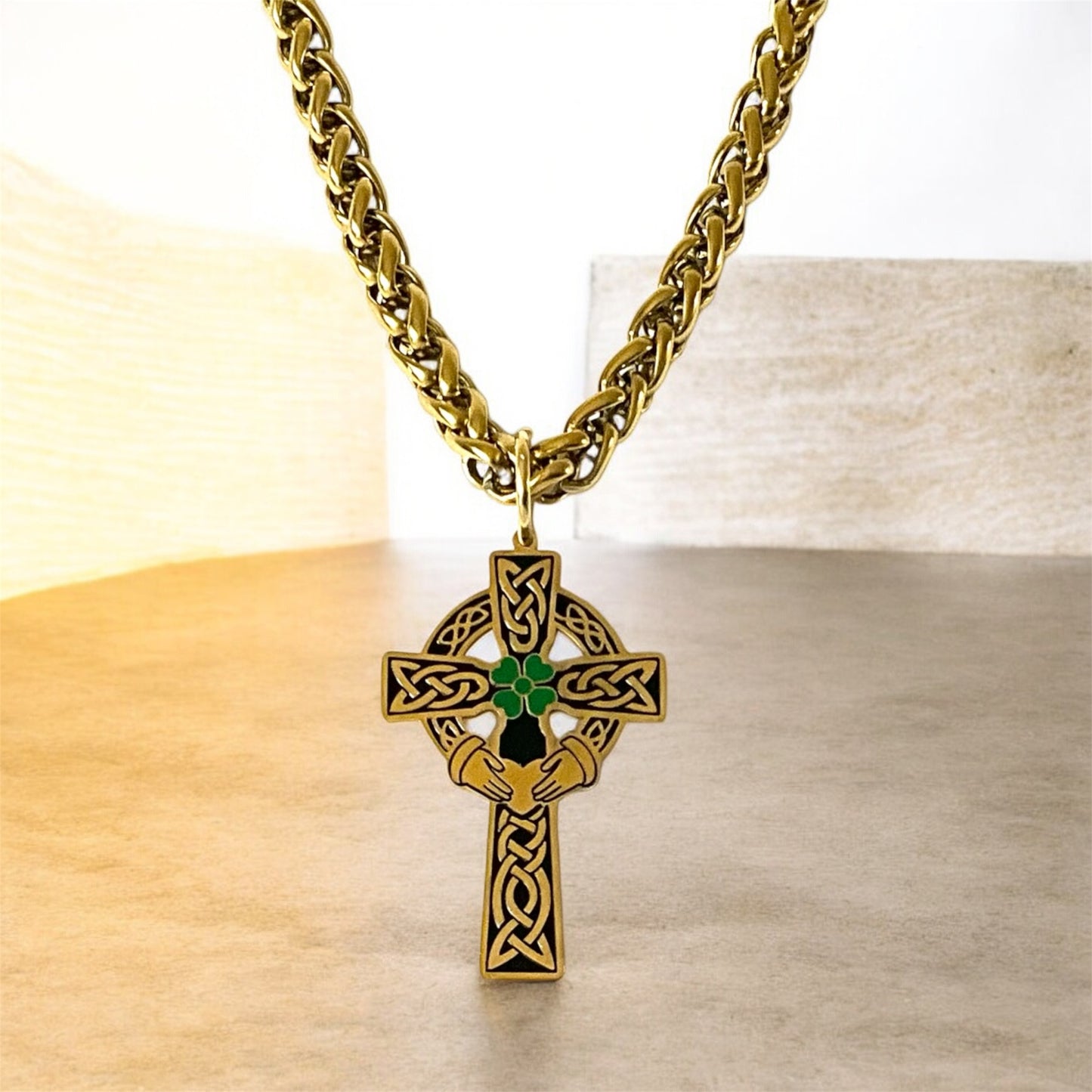 Large 316L Surgical Stainless Steel Irish Celtic Claddagh Cross Pendant + Free Chain Necklace