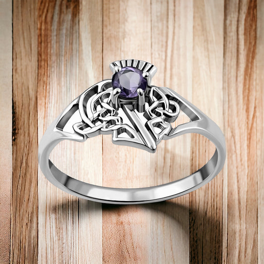 925 Sterling Silver Scottish Thistle Ring with Amethyst