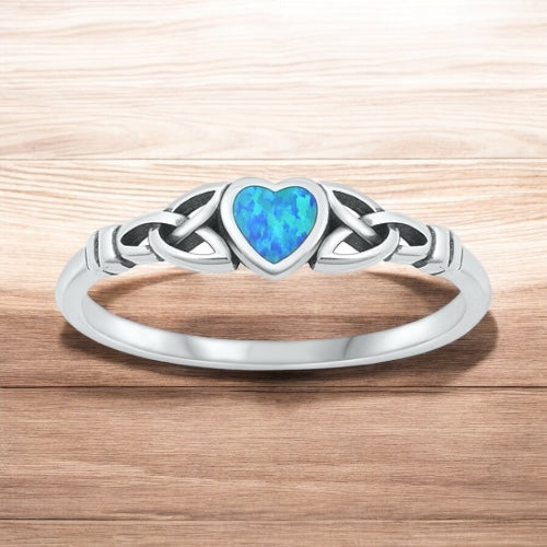 925 Sterling Silver Celtic Trinity Heart Opal Ring Size 4-10