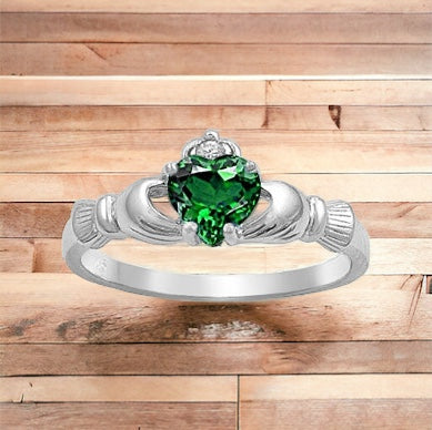 Sterling Silver Irish Claddagh Ring w/ Emerald Green CZ