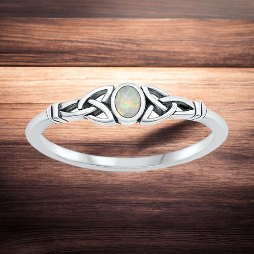 925 Sterling Silver Celtic Trinity Knot Opal Ring Size 4-10