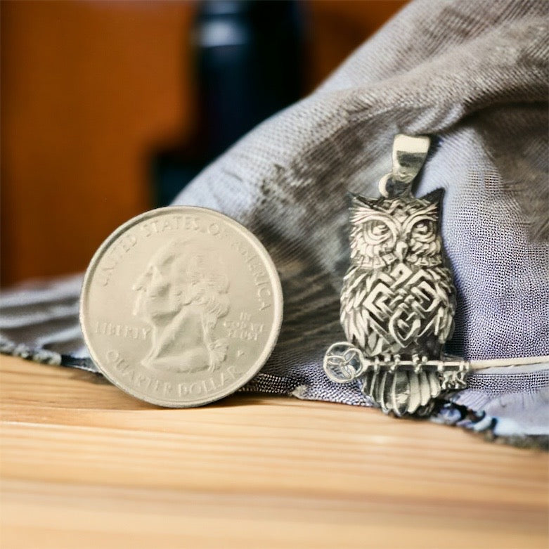 Handcast 925 Sterling Silver Celtic Owl Pendant + Free Chain