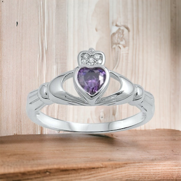 Sterling Silver Irish Claddagh Ring w/ Amethyst CZ Heart Size 4-10