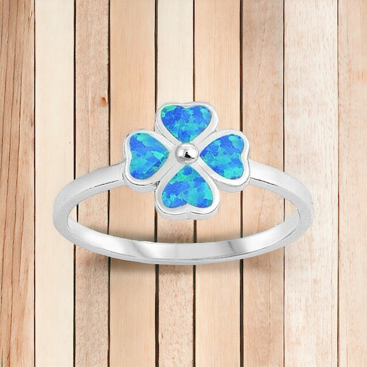 925 Sterling Silver Four Leaf Clover Lab Blue Opal Ring Band Size 5-10