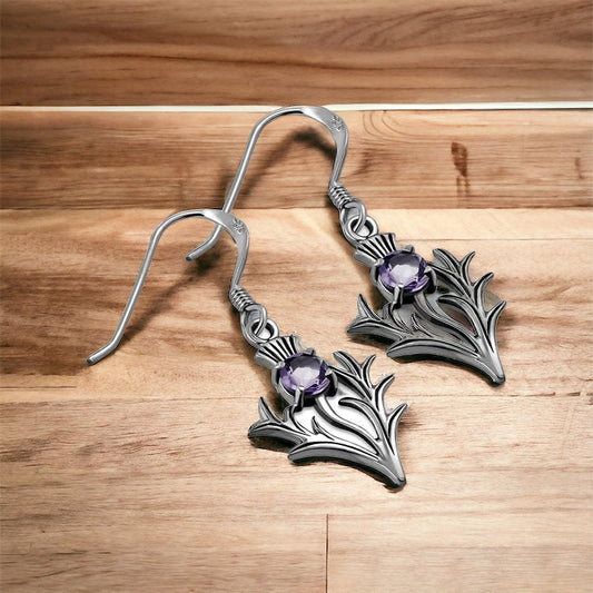 Silver Scottish Thistle Dangle Earrings faceted Amethyst