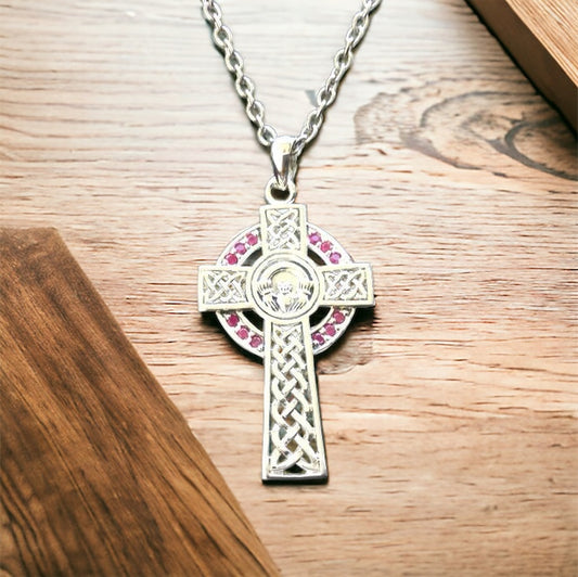 Handcast 925 Sterling Silver Irish Celtic Claddagh Claddaugh Cross Pendant Ruby CZ Necklace Free Chain