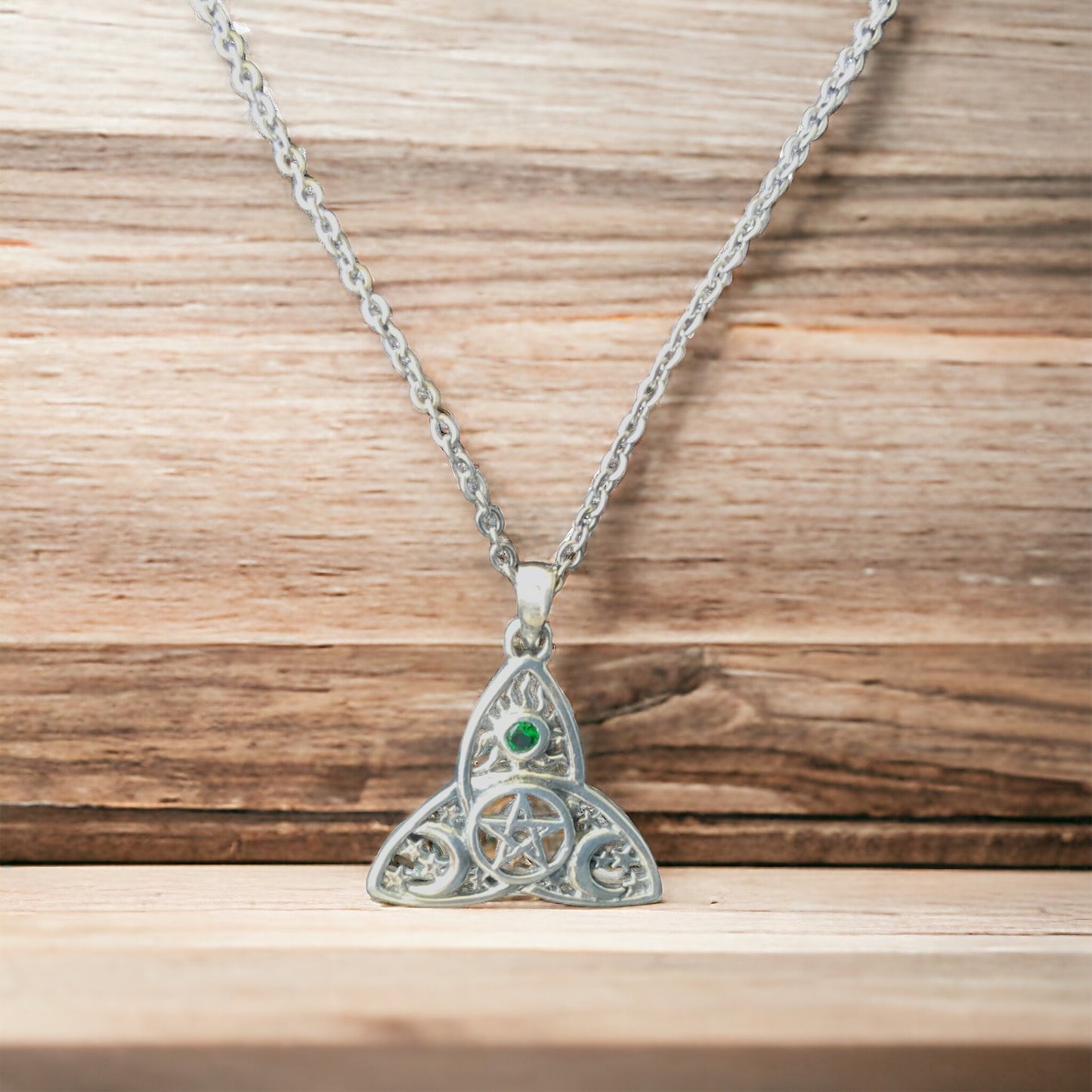 925 Sterling Silver Irish Celtic Triquetra Trinity Knot Moon Star Pentacle Pendant + Free Chain Necklace