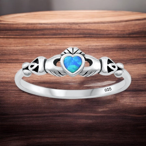 Sterling Silver Irish Claddagh Ring w/ Blue Opal