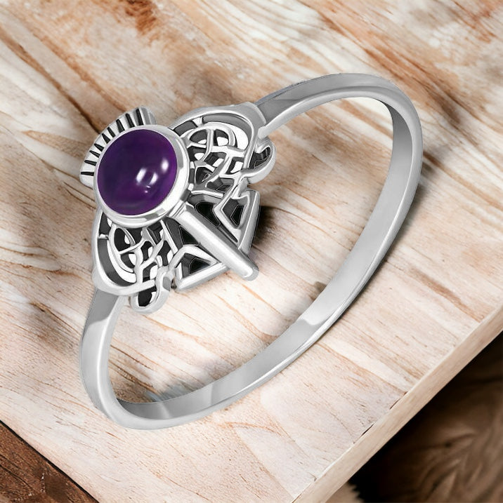 925 Sterling Silver Scottish Thistle Ring set with genuine Amethyst Stone