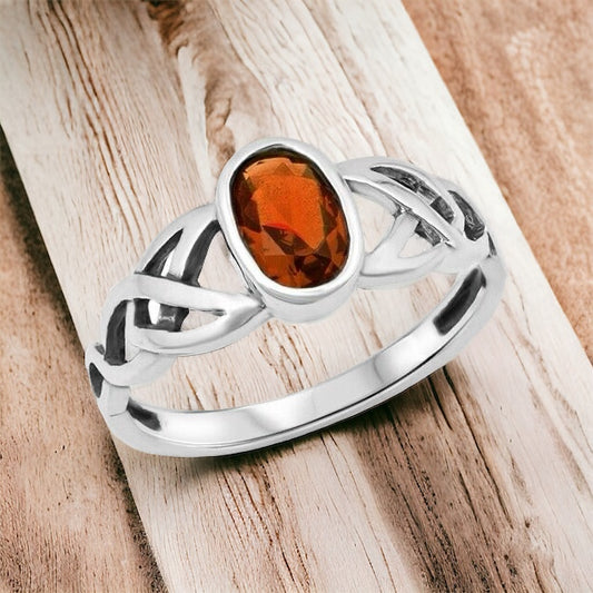 Silver Celtic Triquetra / Trinity Knot Ring Garnet CZ Size 5-10