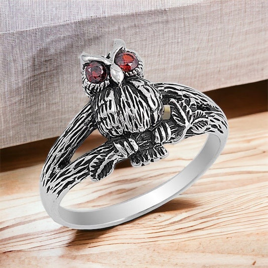 925 Sterling Silver Owl with Garnet CZ Eyes Ring Band Size 5-11