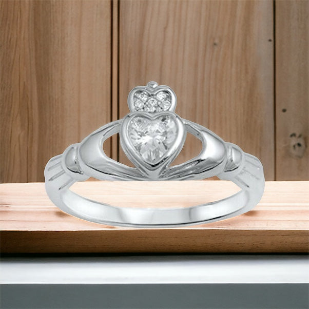 Sterling Silver Irish Claddagh Ring w/ Clear CZ Heart Size 4-10