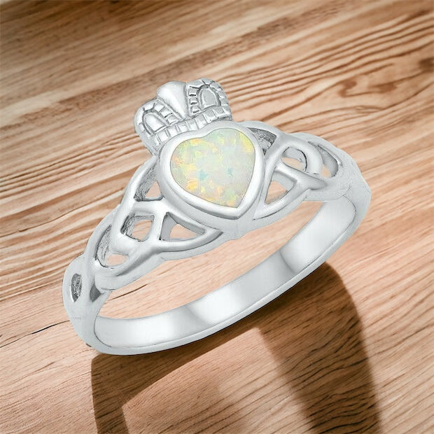 925 Sterling Silver Irish Celtic Claddagh Ring w/ Lab White Opal Size 5-10