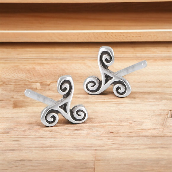 Silver Celtic Triskele Triple Spiral Stud Post Earrings