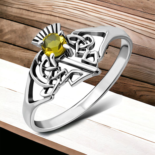 925 Sterling Silver Scottish Thistle Ring Yellow Citrine