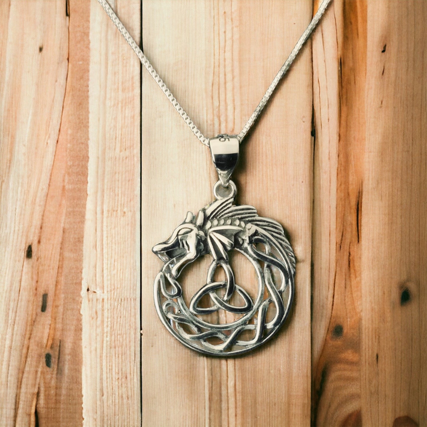 Silver Celtic Triquetra / Trinity Knot Dragon Warrior Pendant + Free Chain