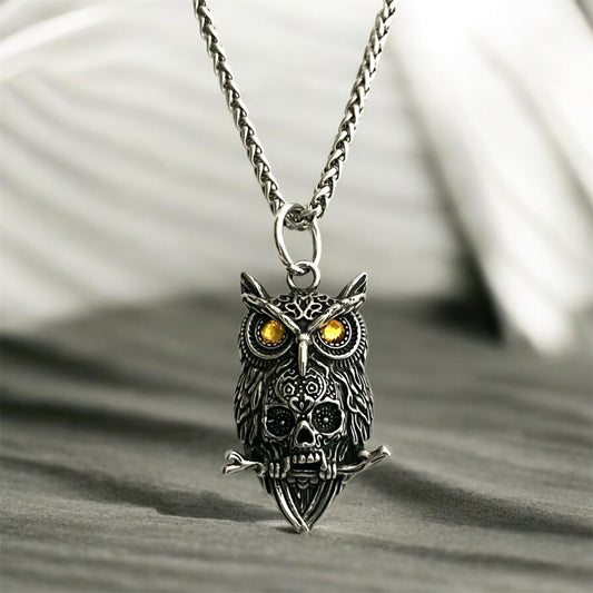 Large 316L Surgical Stainless Steel Owl Skull Pendant + Free Chain Necklace
