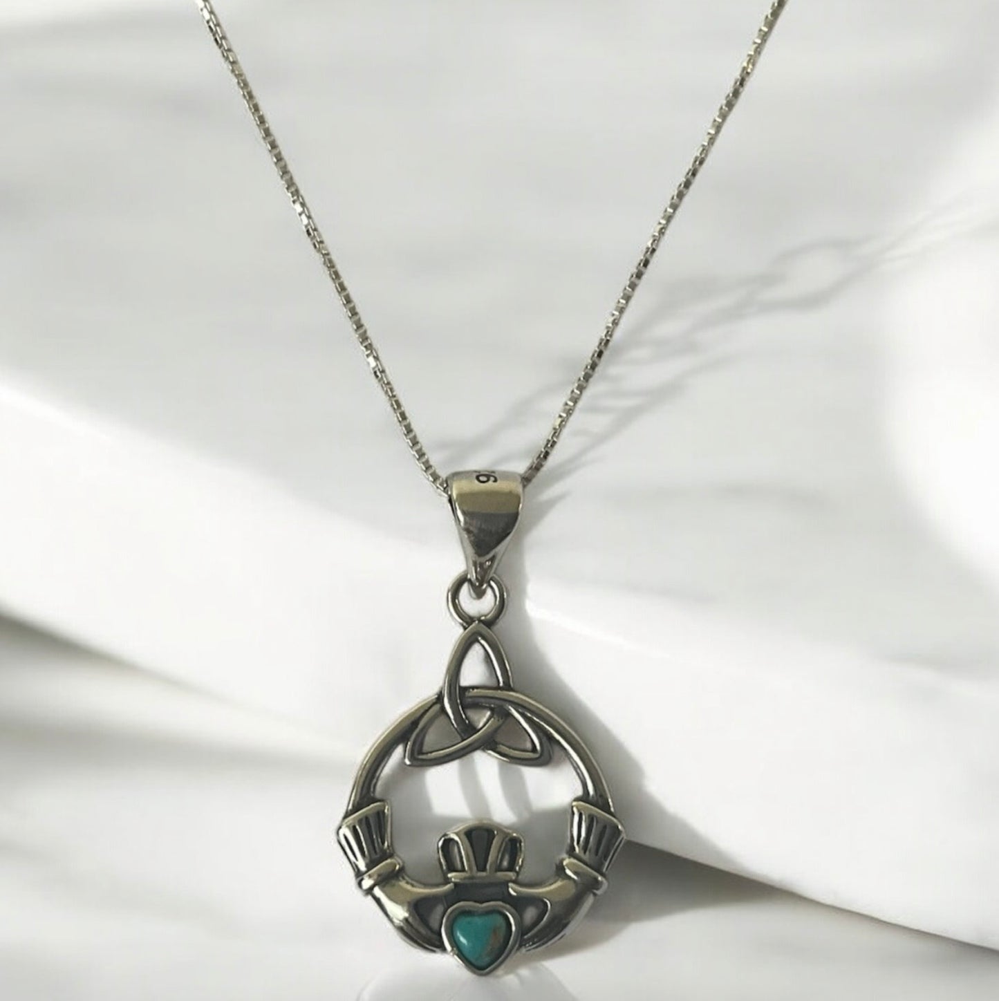 925 Sterling Silver Irish Celtic Claddagh Turquoise Pendant Necklace
