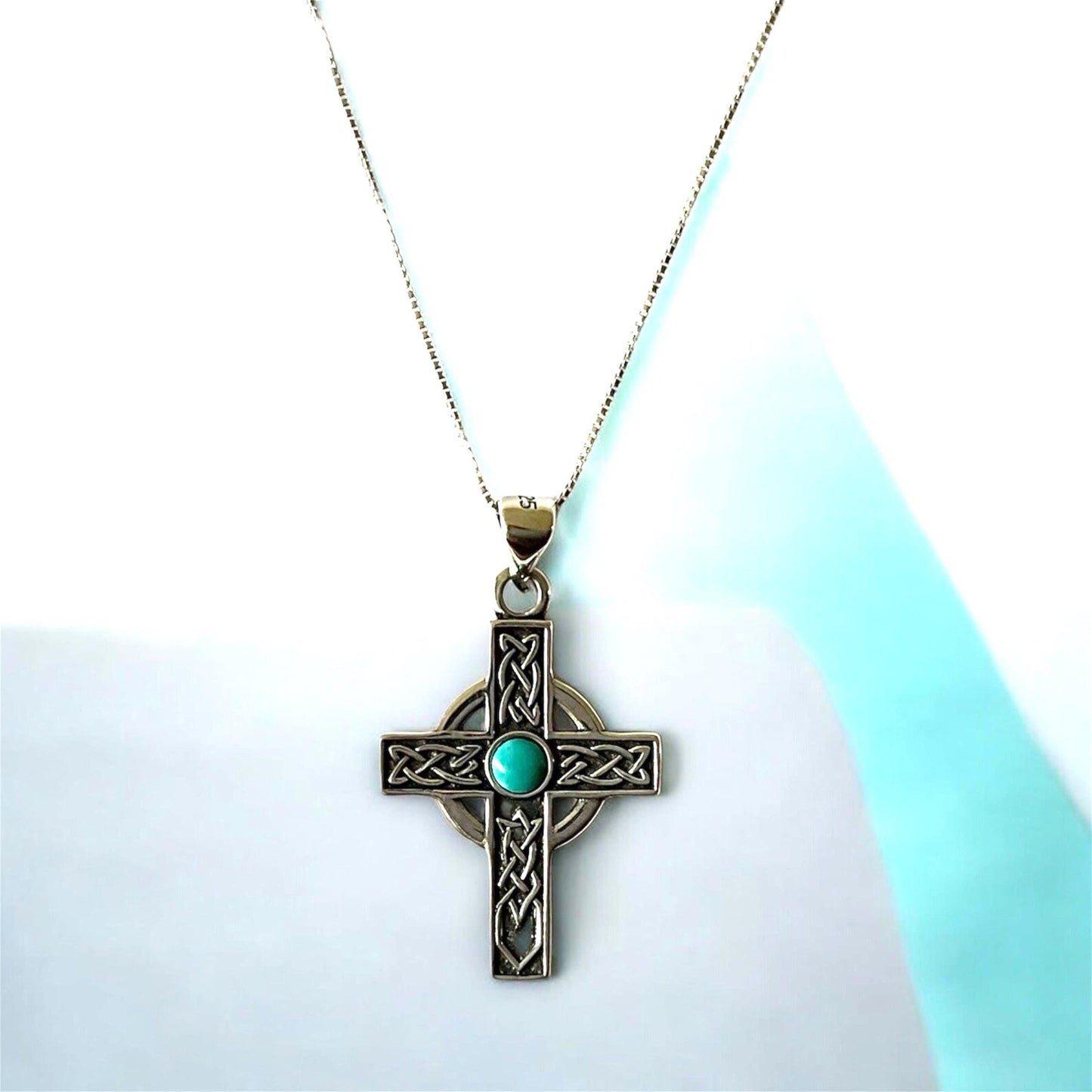 Large 925 Sterling Silver Celtic Cross Turquoise Pendant Necklace + Free Chain