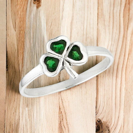 925 Sterling Silver Shamrock 3-Leaf Clover Green CZ Ring Size 5-9