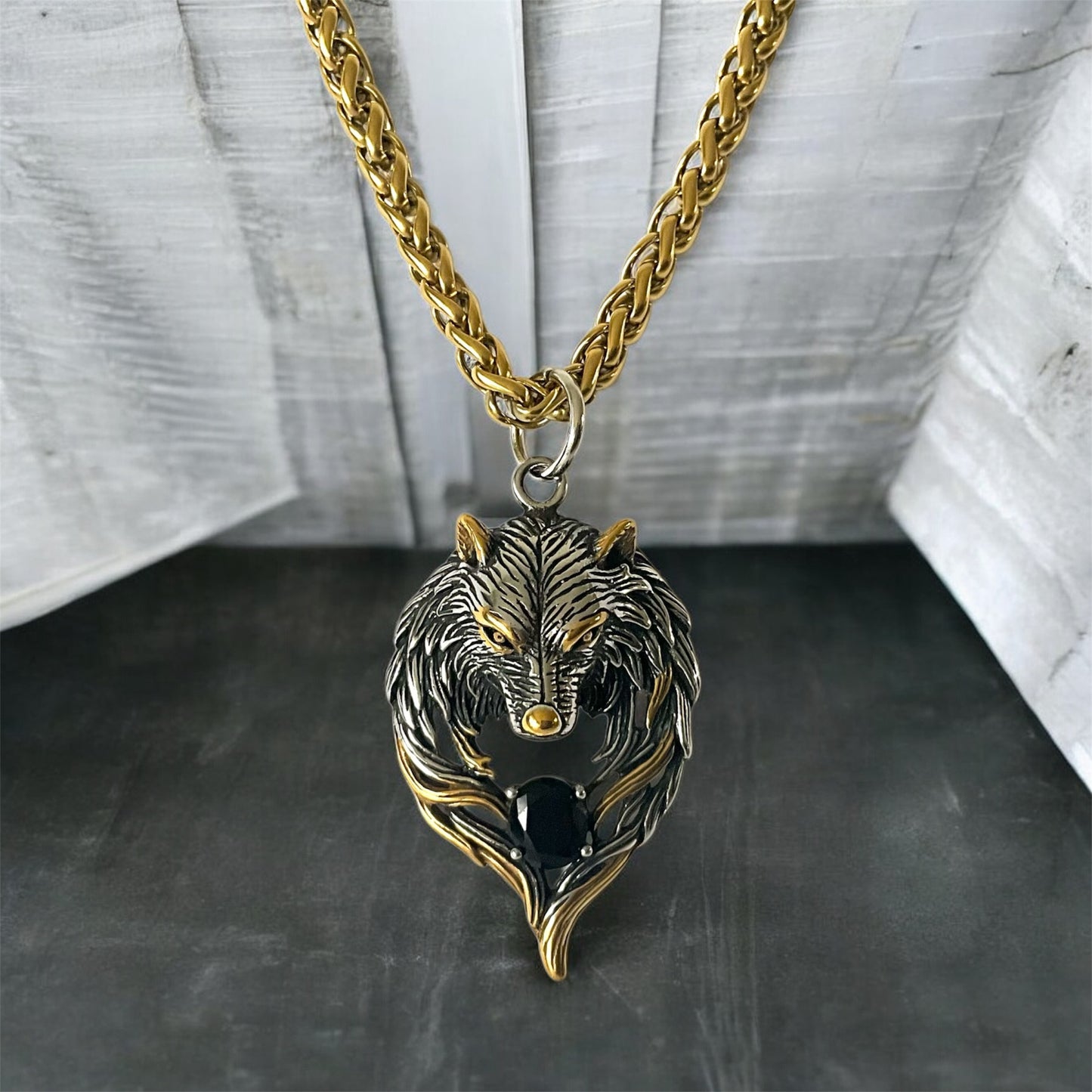 Large 316L Surgical Stainless Steel Wolf Head Pendant + Free Chain Necklace