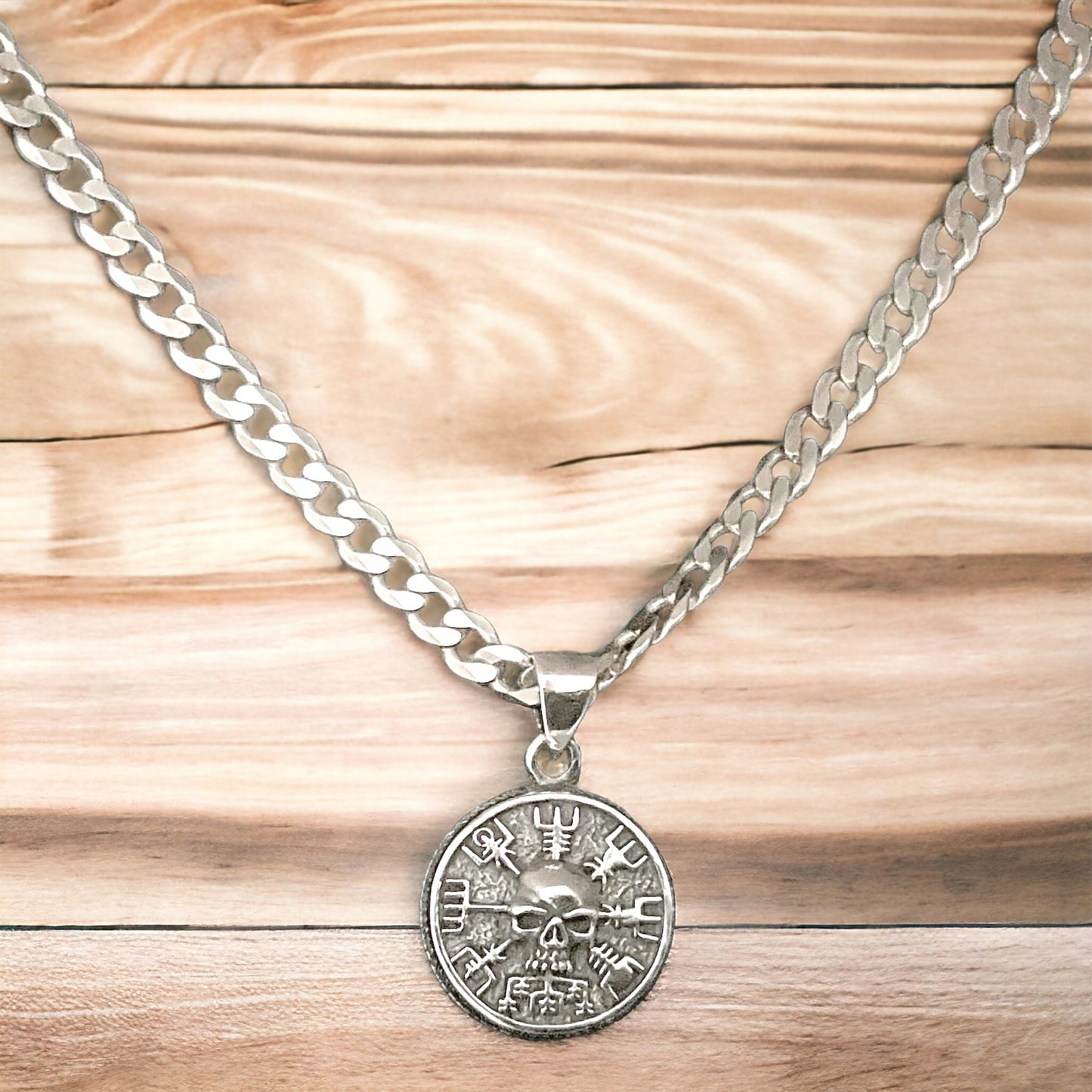 Handcast 925 Sterling Silver Norse Viking Compass Vegvisir Skull Pendant Necklace + Free Chain