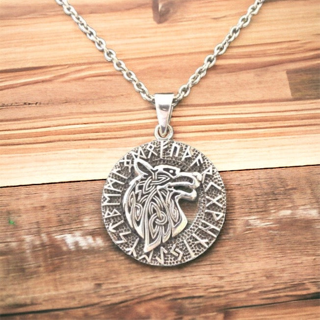 Handcast 925 Sterling Silver Celtic Wolf Pendant accented with Runic Alphabet+ Free Chain Necklace