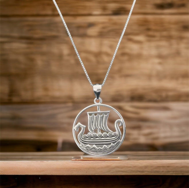 925 Sterling Silver Norse Viking Longship Long Ship Longboat Pendant + Free Chain Necklace