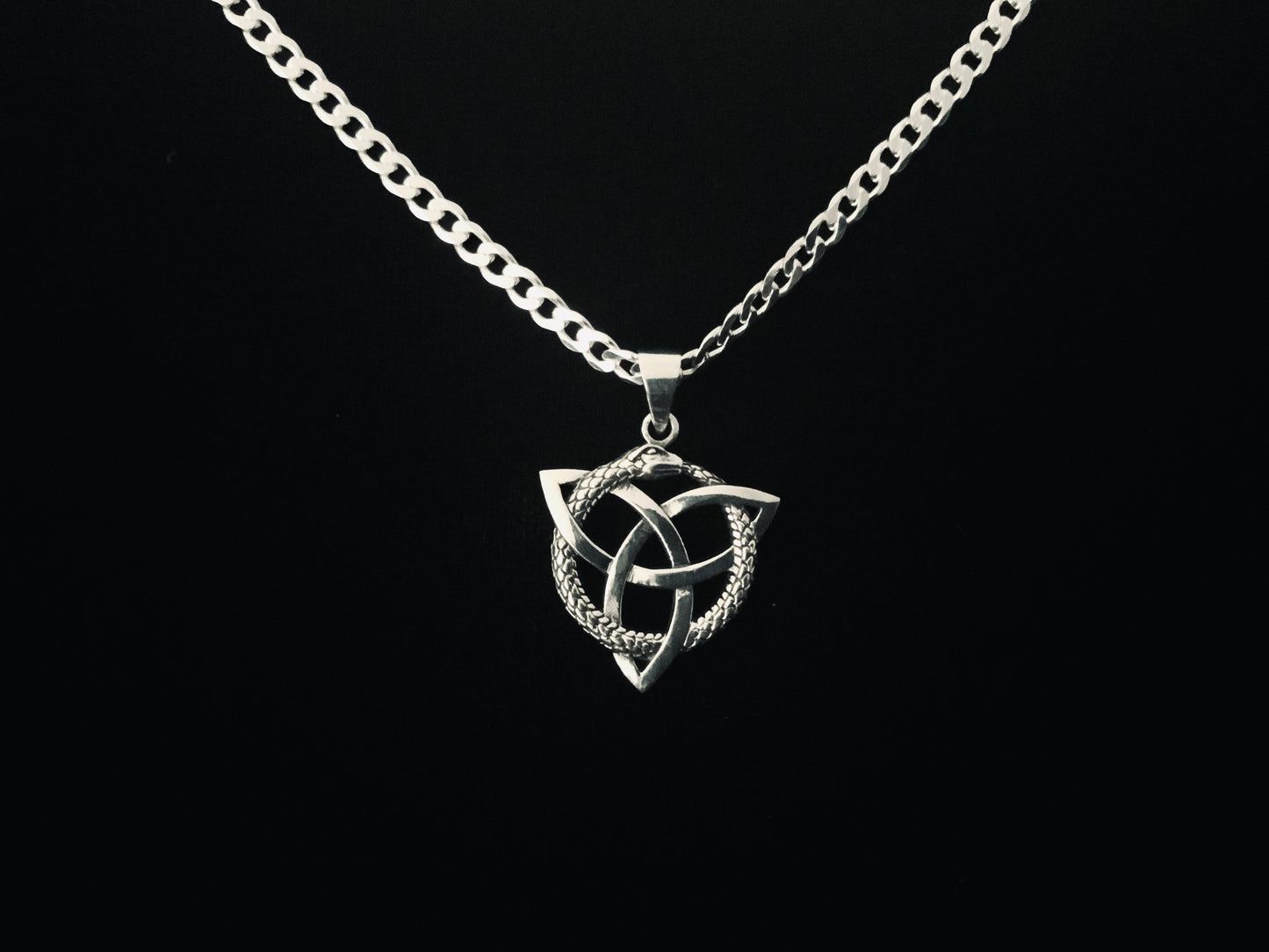 925 Sterling Silver Irish Celtic Trinity Triquetra Knot with entwined Ouroboros Snake Pendant + Free Chain