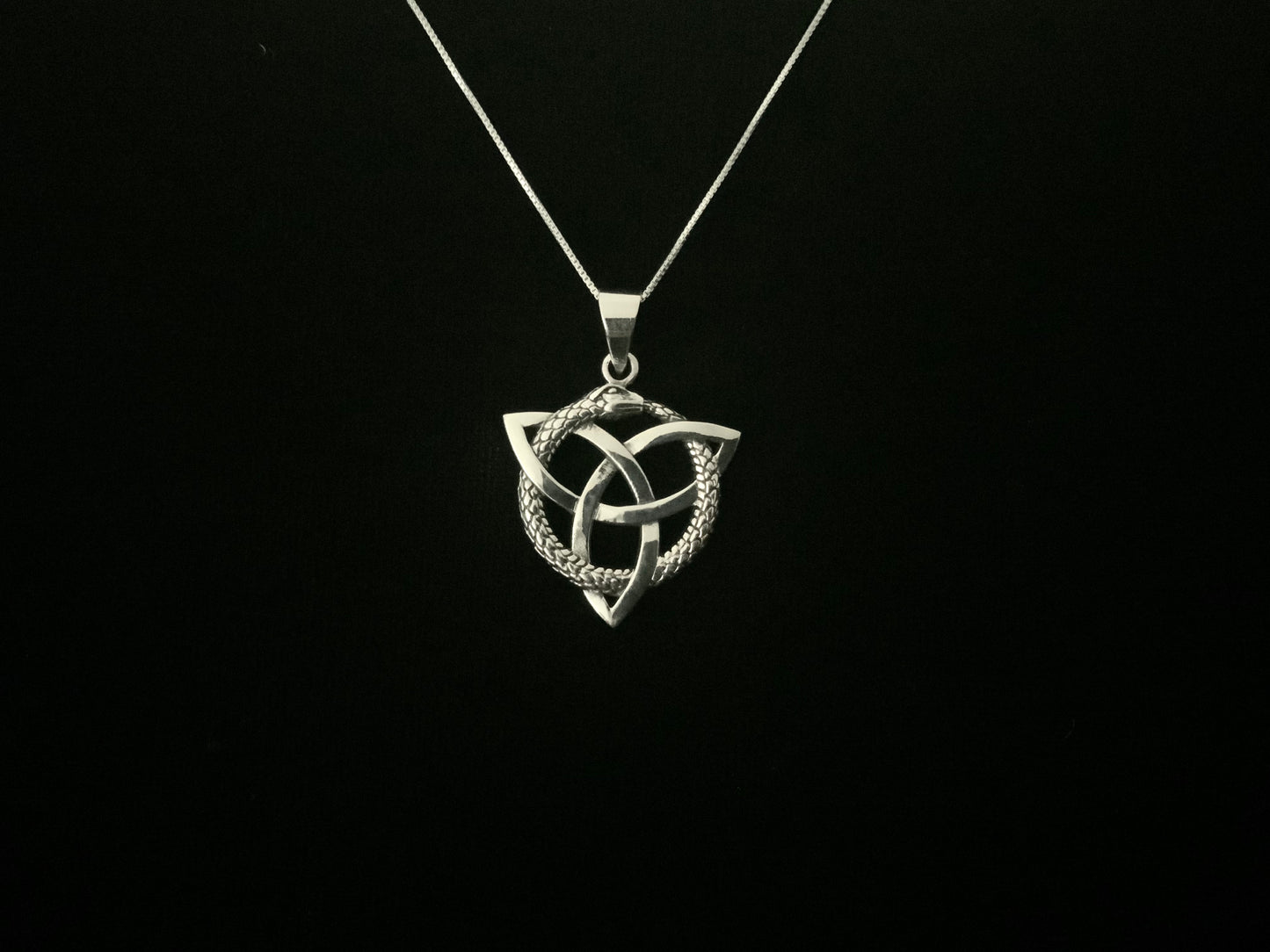 925 Sterling Silver Irish Celtic Trinity Triquetra Knot with entwined Ouroboros Snake Pendant + Free Chain