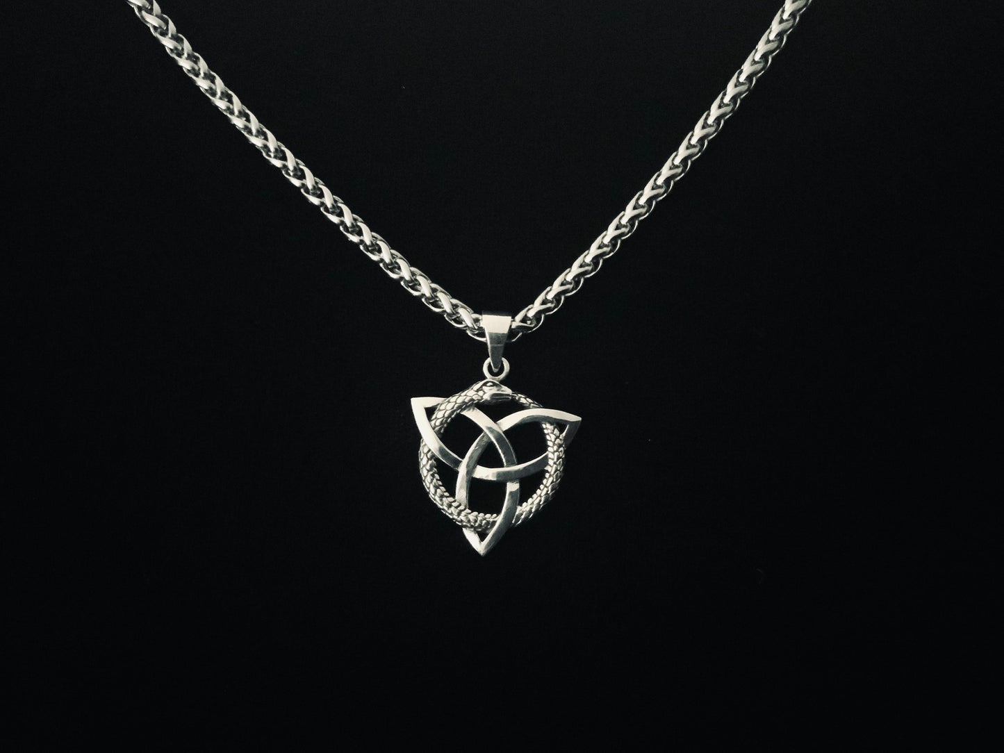 925 Sterling Silver Irish Celtic Trinity Triquetra Knot with entwined Ouroboros Snake Pendant + Free Chain